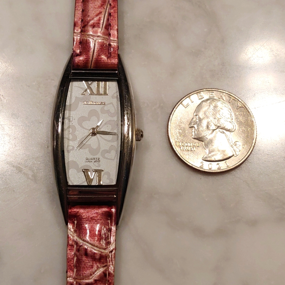 EUC * DOLLHOUSE WATCH * HEART QUARTZ FACE * LEATHER BAND * PINK/RED * HEARTS